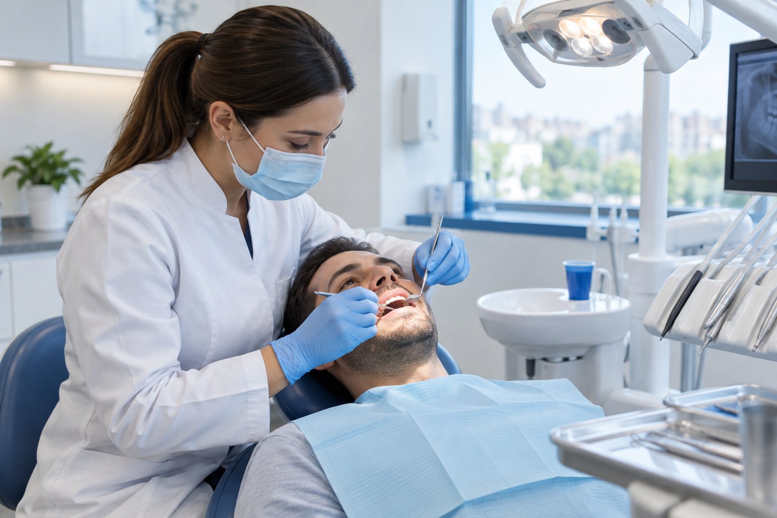 Atendimento odontológico realizado em ambiente clínico acolhedor